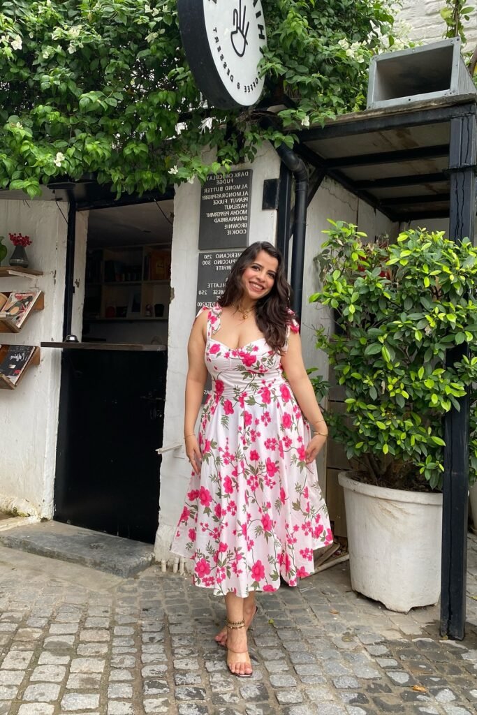 White Pink Floral A-Line Dress + Clear Block Heels + Gold Necklace
