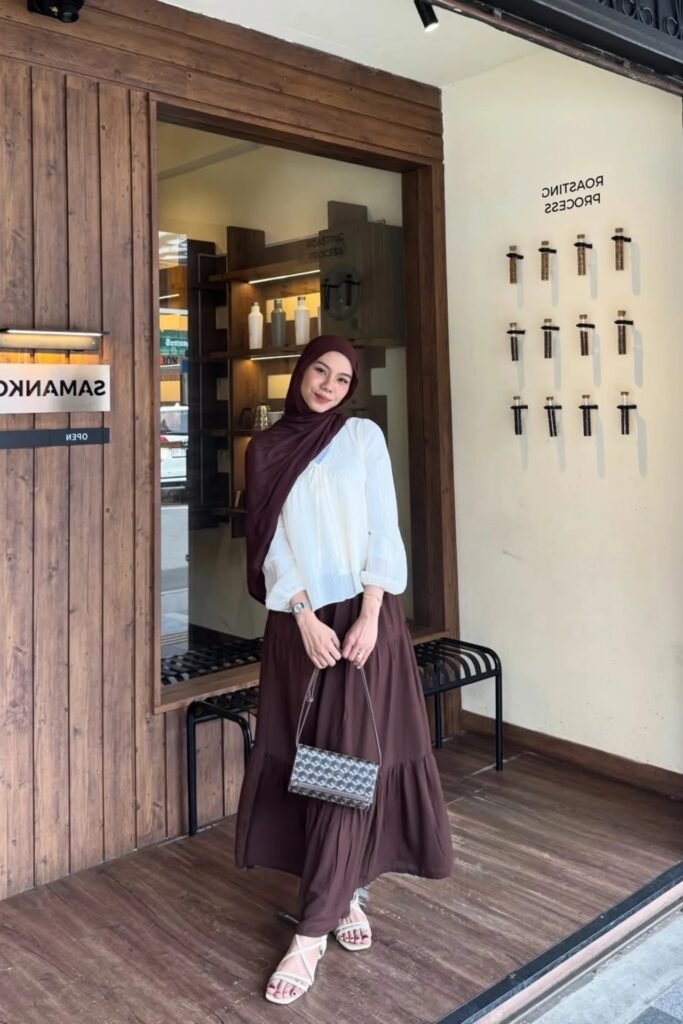 White Pleated Blouse + Brown Tiered Maxi Skirt + Cream Strappy Sandals