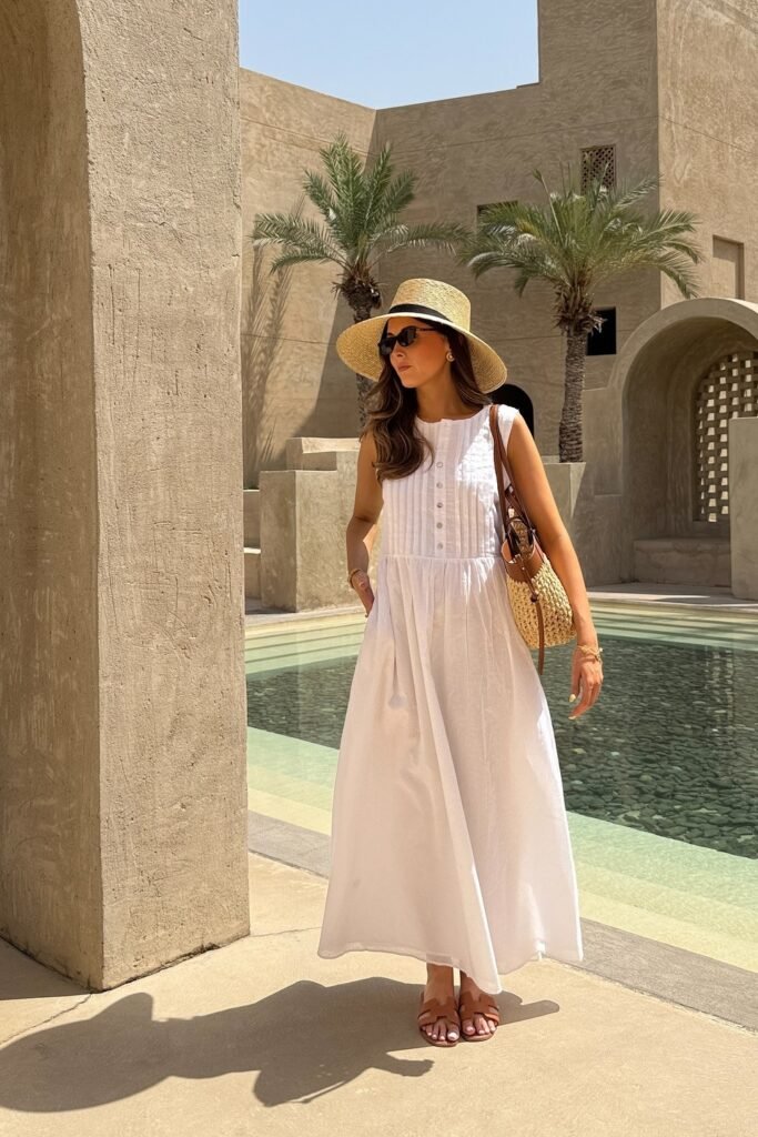 White Pleated Sleeveless Maxi Dress + Brown Slide Sandals + Straw Sun Hat + Straw Bucket Bag
