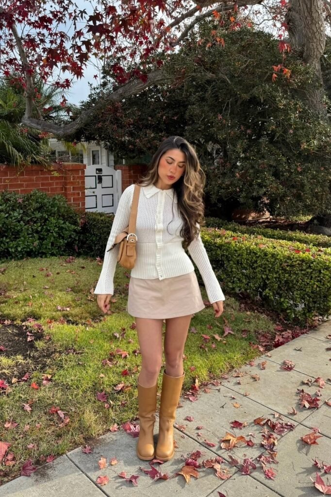 White Pointelle Knit Polo Shirt + Beige Mini Skirt + Tan Tall Boots