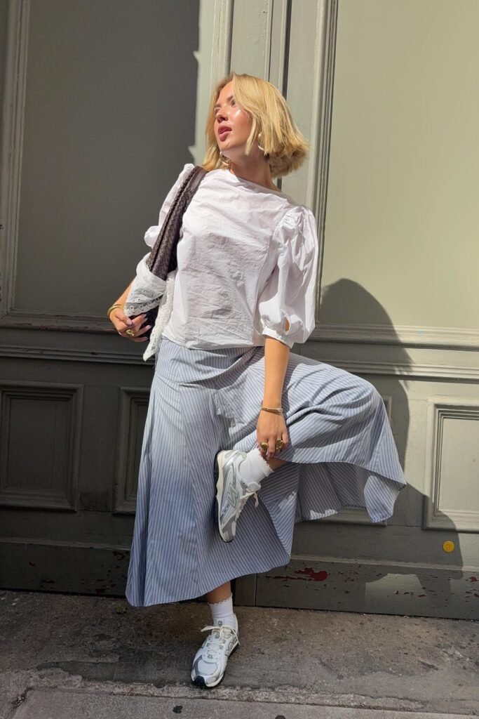 White Puff-Sleeve Blouse + Blue Striped Maxi Skirt + White Fashion Sneakers