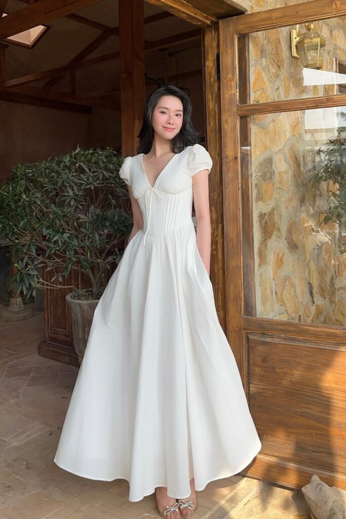 White Puff-Sleeve Corset Maxi Dress + Sparkly Bow Sandals