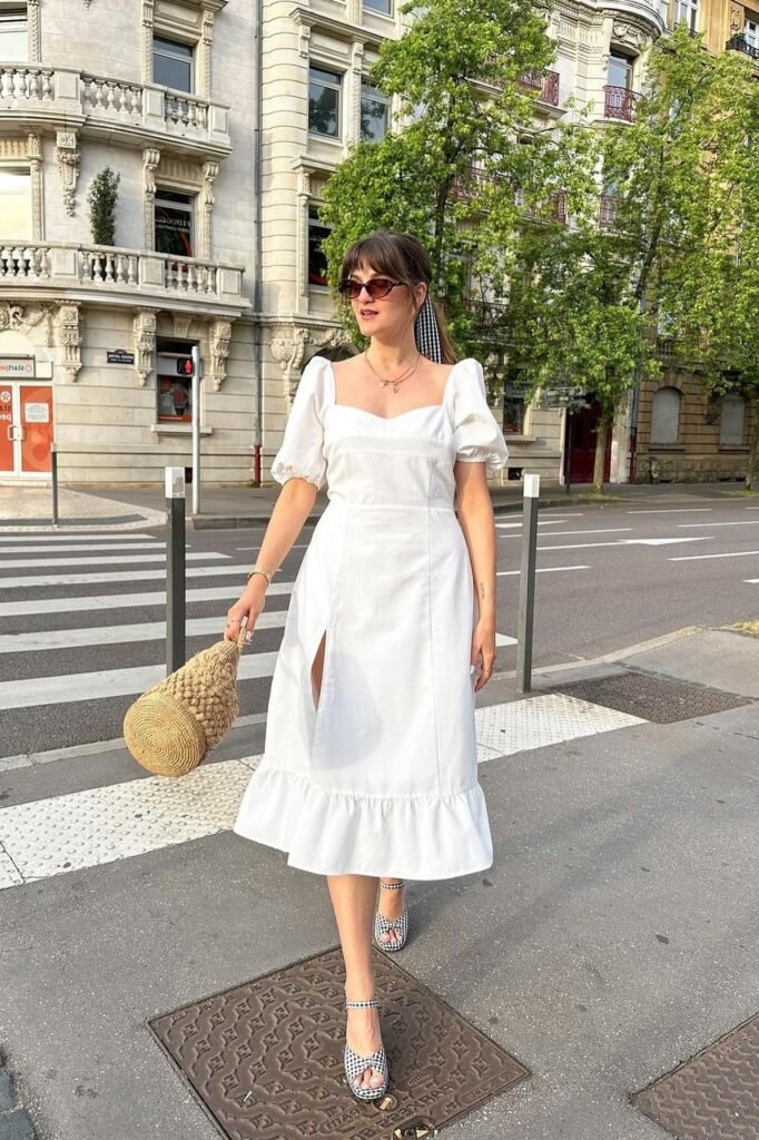 White Puff-Sleeve Midi Dress with Slit + Gingham Platform Sandals + Straw Bucket Bag + Gingham Hair Ribbon
