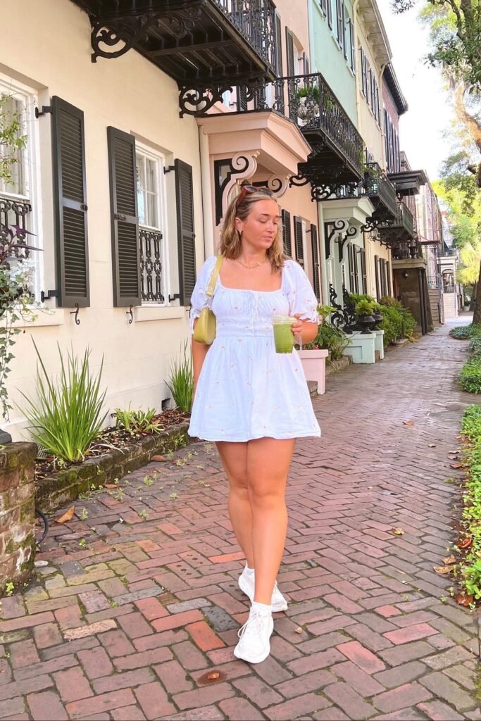 White Puff Sleeve Mini Dress + Green Shoulder Bag + White Sneakers