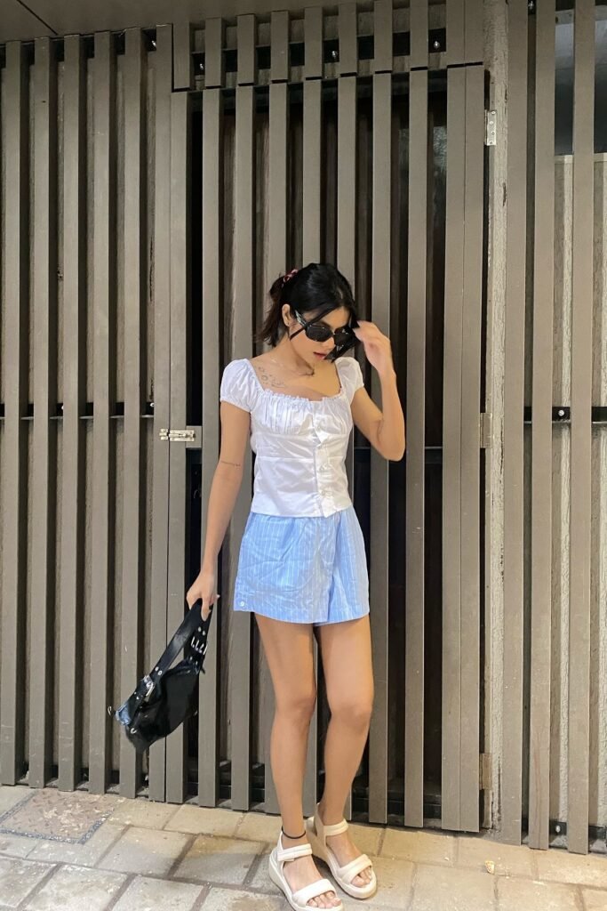White Puff Sleeve Ruched Top + Light Blue Striped Mini Skirt + White Platform Sandals