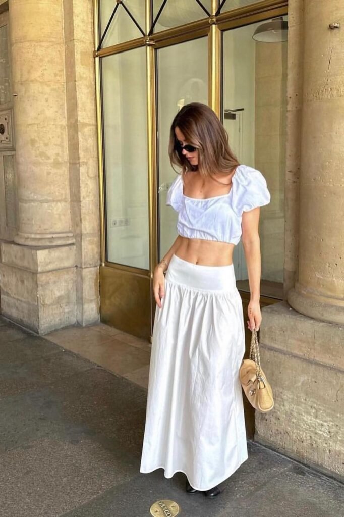 White Puff-Sleeve Scoop Crop Top + White A-Line Maxi Skirt + Black Flats