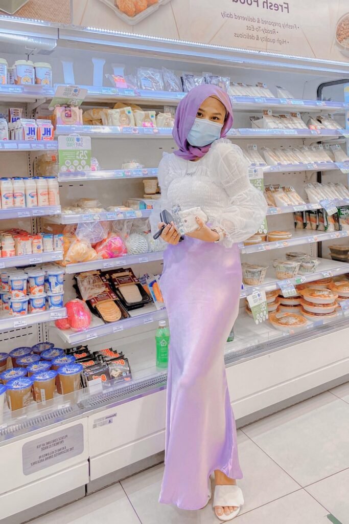 White Puff-Sleeve Smocked Top + Lavender Satin Maxi Skirt + White Slides