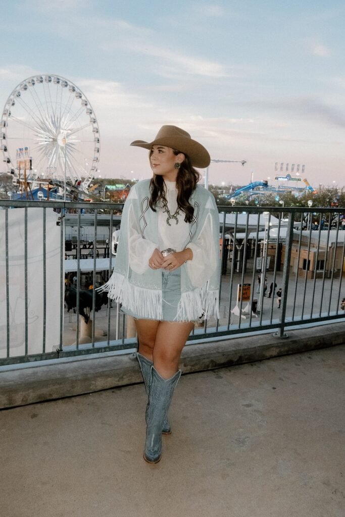 White Puff-Sleeve Top + Light Blue Fringe Poncho + Denim Mini Skirt + Blue Western Boots