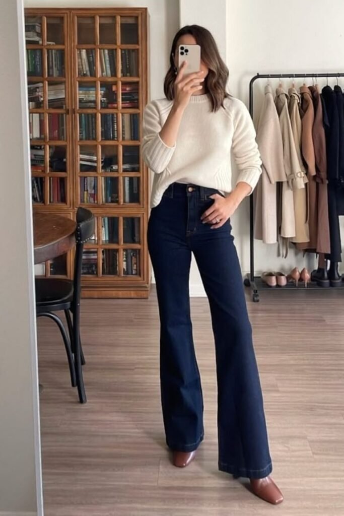White Ribbed Crewneck Sweater + Dark Indigo Flared Jeans + Cognac Square-Toe Boots