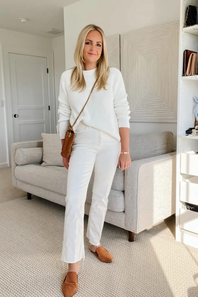 White Ribbed Crewneck Sweater + White Straight-Leg Jeans + Tan Suede Mules