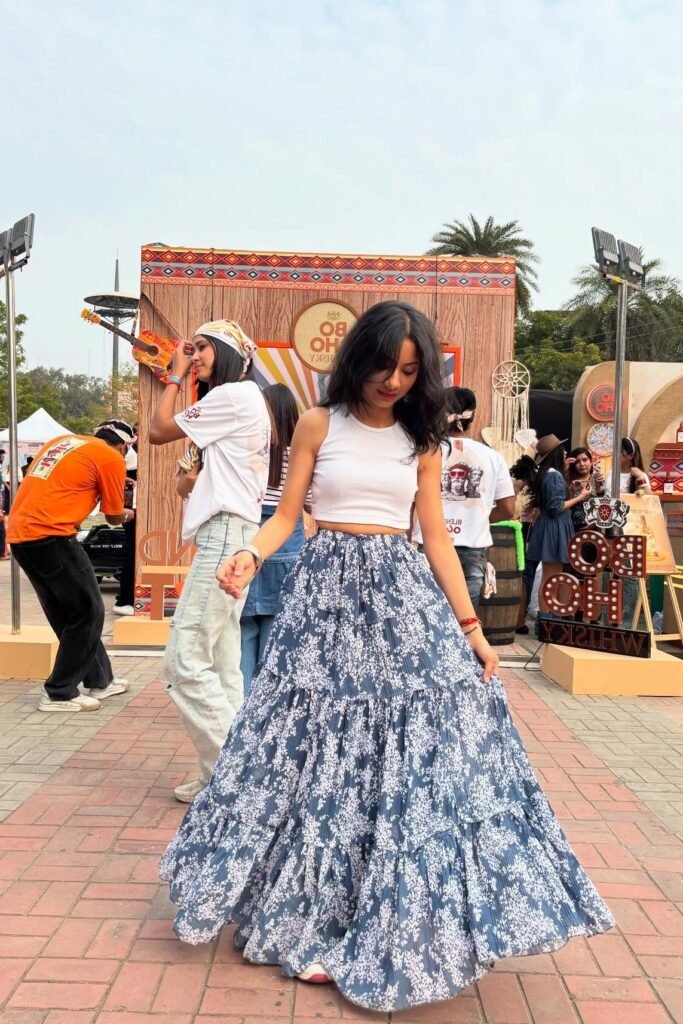 White Ribbed Crop Top + Blue and White Floral Tiered Maxi Skirt + White Sneakers
