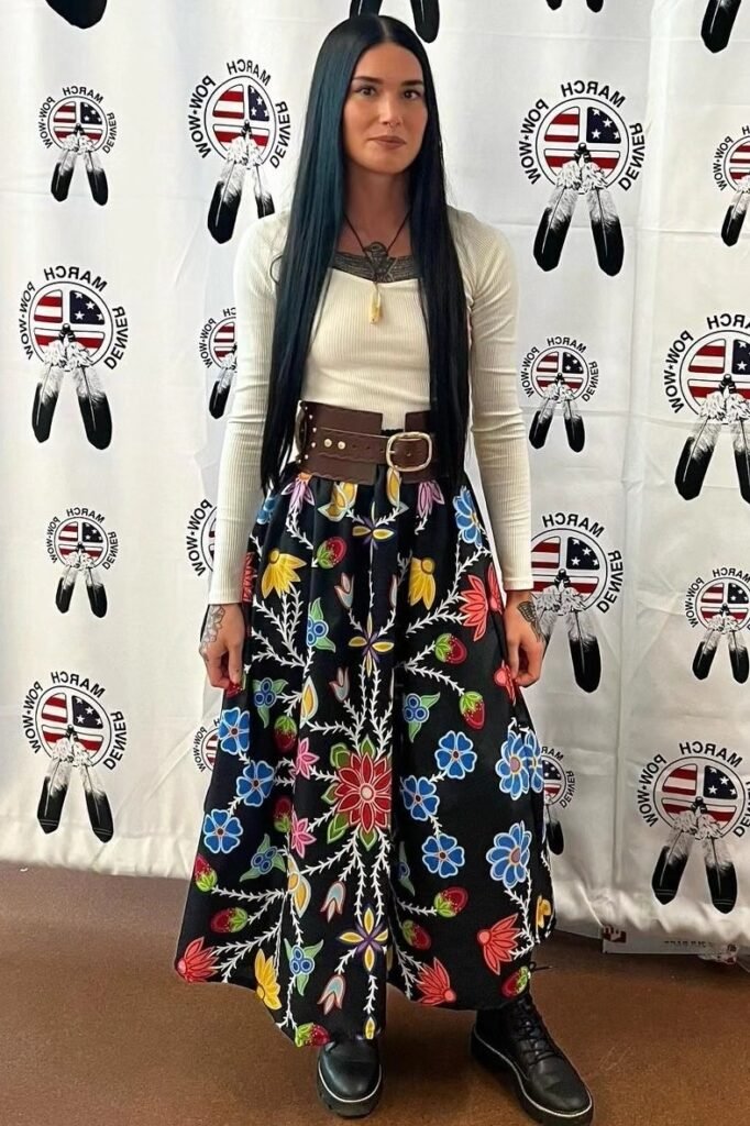 White Ribbed Long Sleeve Top + Floral Patterned Ribbon Skirt + Wide Brown Leather Belt + Black Combat Boots