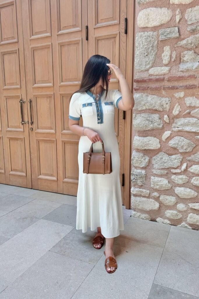 White Ribbed Maxi Dress with Denim Trim + Tan Leather Handbag + Brown Strappy Sandals