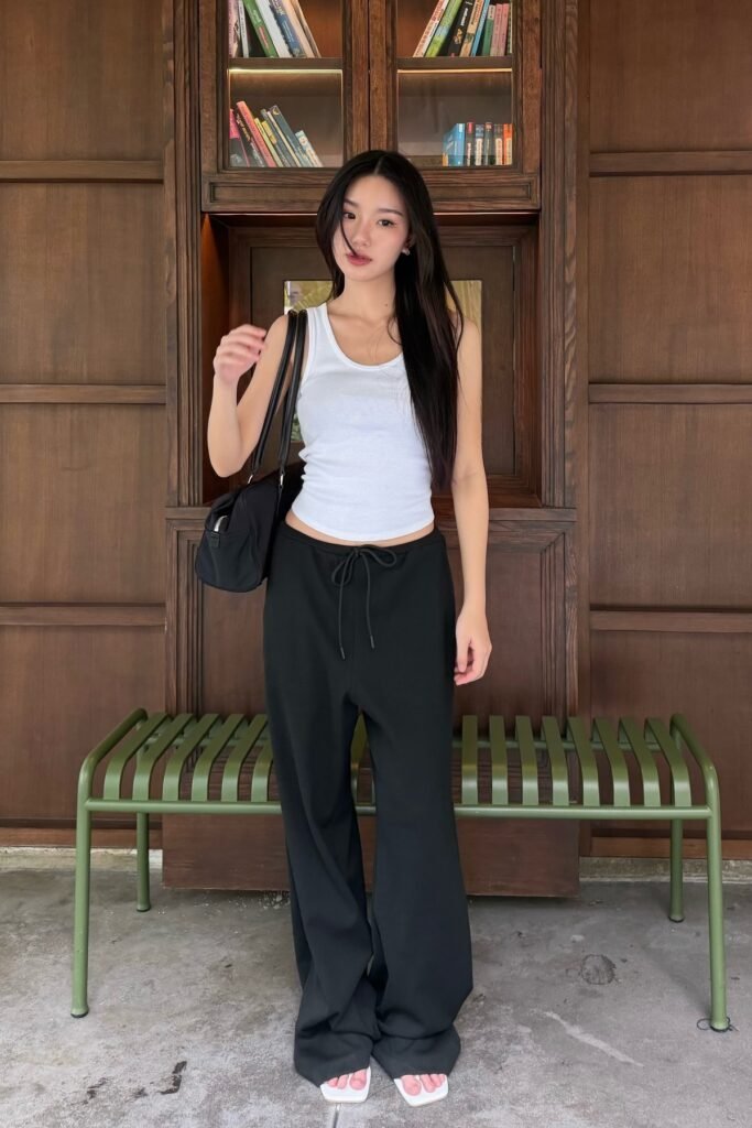 White Ribbed Tank Top + Black Wide-Leg Drawstring Trousers + White Square-Toe Sandals