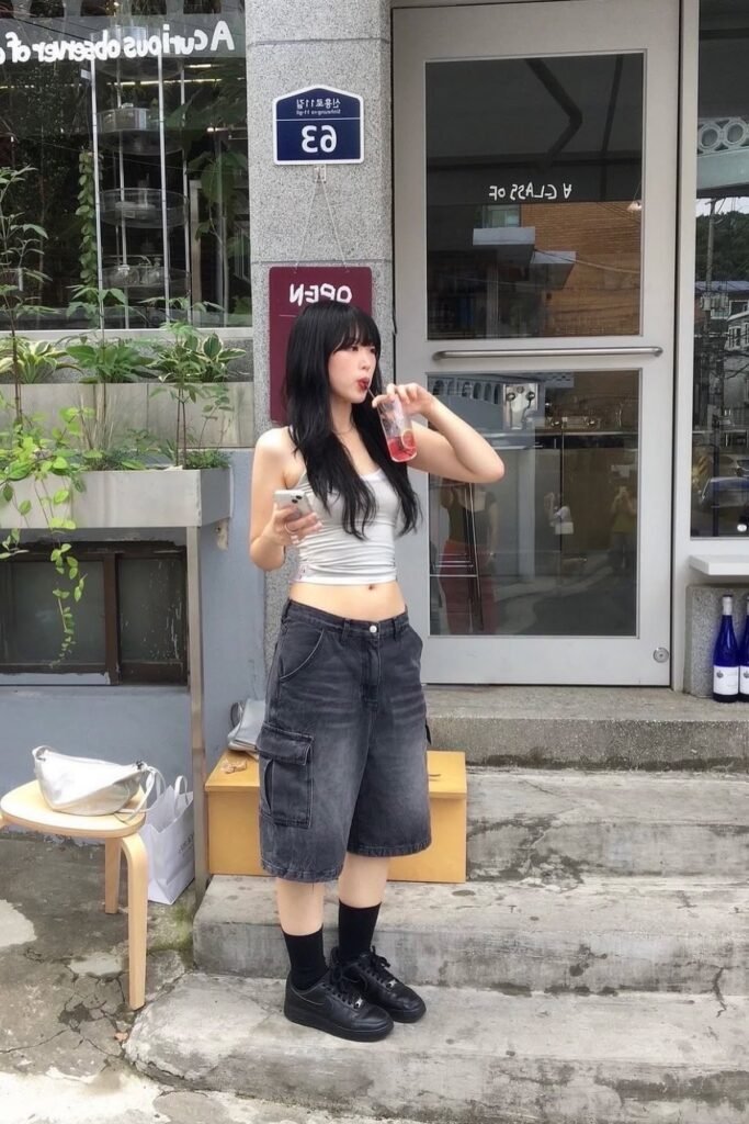 White Ribbed Tank Top + Charcoal Grey Cargo Shorts + Black Sneakers and Socks