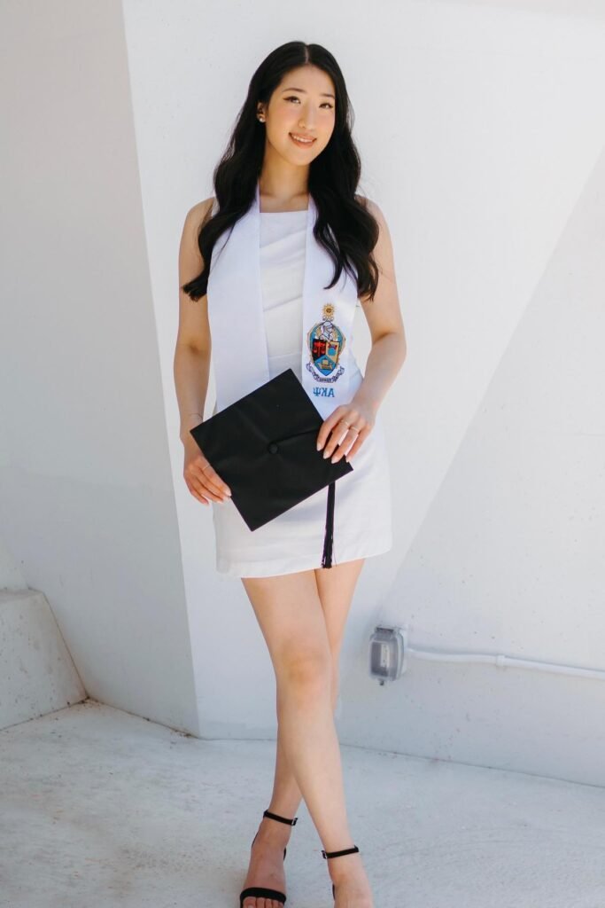 White Ruched Mini Dress + White Fraternity Sash + Black Ankle-Strap Heels