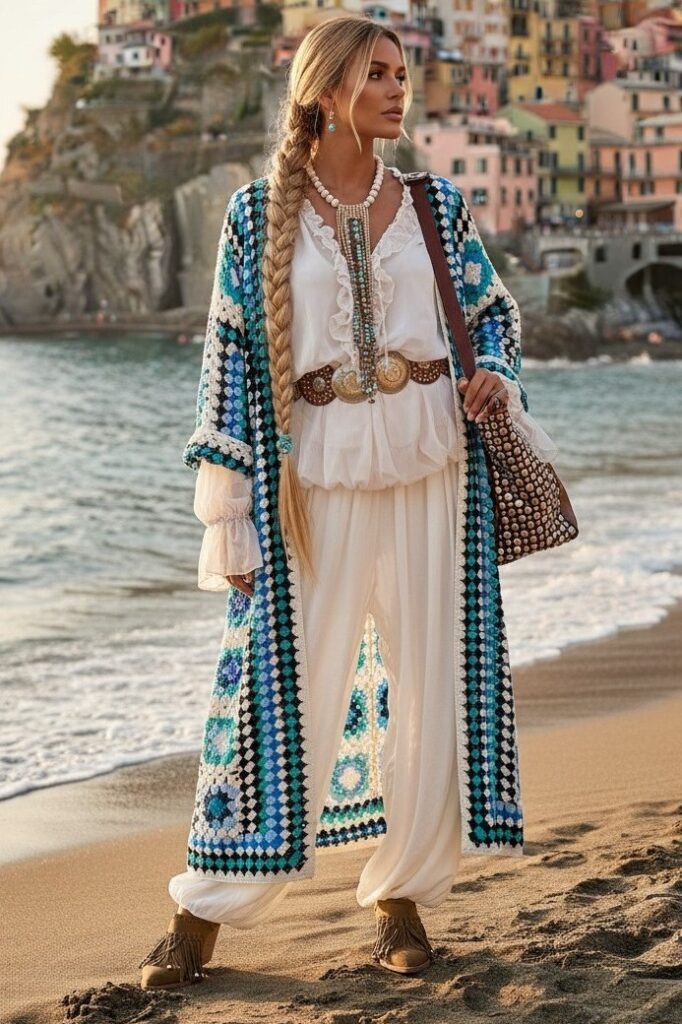  White Ruffle Blouse + White Harem Pants + Long Blue Crochet Granny Square Cardigan + Studded Belt + Fringed Brown Booties