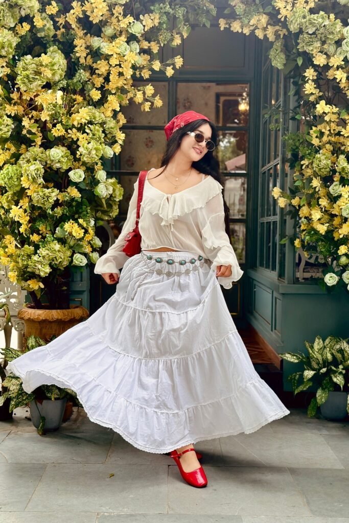 White Ruffle Blouse + White Tiered Maxi Skirt + Red Mary Janes