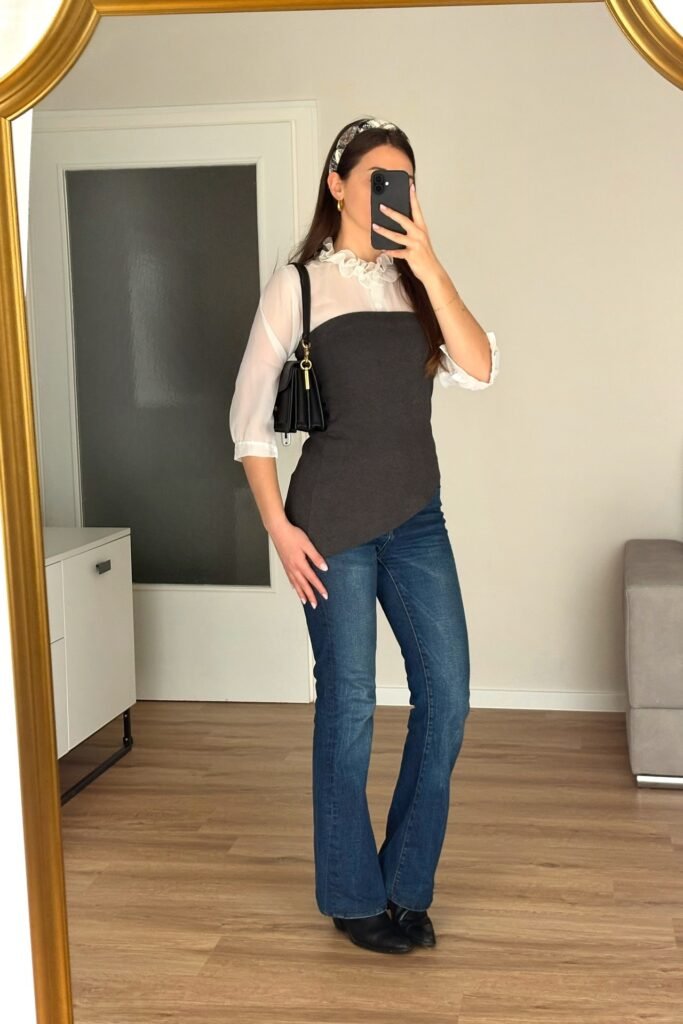White Ruffle-Collar Sheer Blouse + Charcoal Tube Top + Dark Wash Flare Jeans + Black Boots