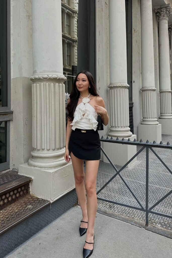 White Ruffle Floral Halter Top + Black Mini Skirt + Black Pointed-Toe Mary Jane Heels