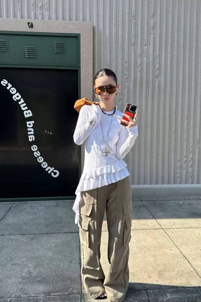 White Ruffle-Hem Long Sleeve Top + Olive Green Cargo Pants + Black Sandals
