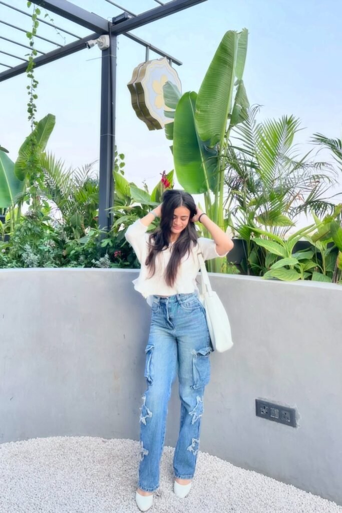 White Ruffle Hem Sweater + Star Pattern Cargo Jeans + White Pointed Flats