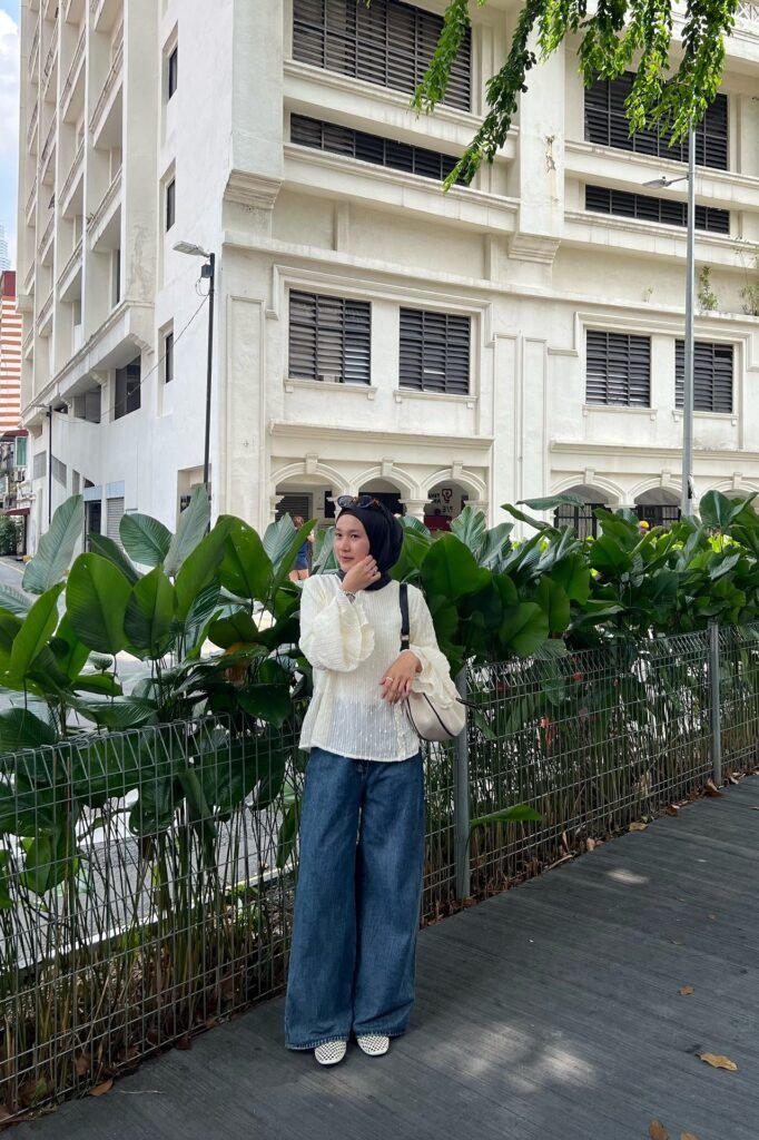White Ruffled Blouse + Dark Wash Wide-Leg Jeans + Black Hijab + Checkerboard Flats