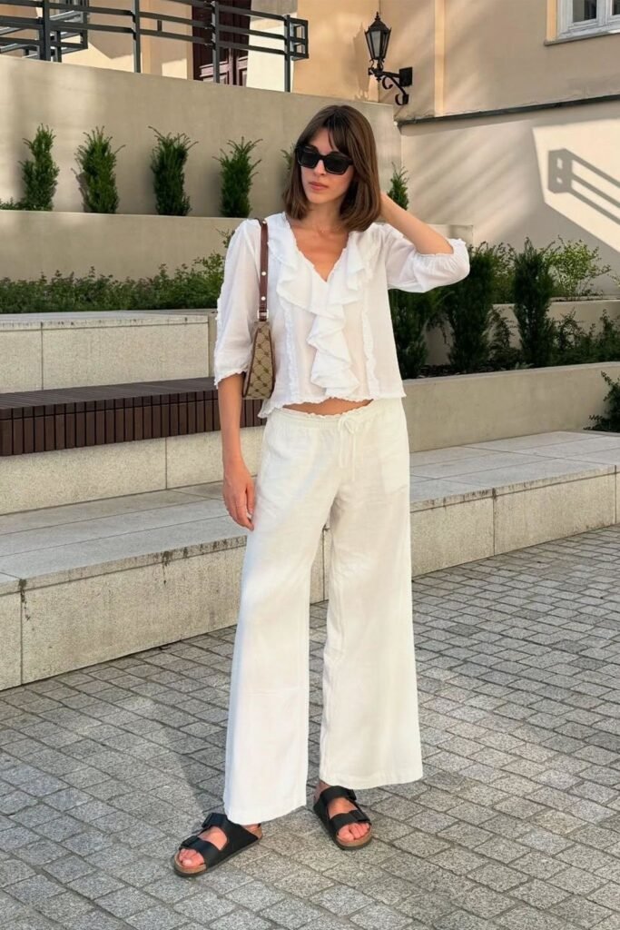 White Ruffled Blouse + White Linen Trousers + Black Double-Strap Sandals
