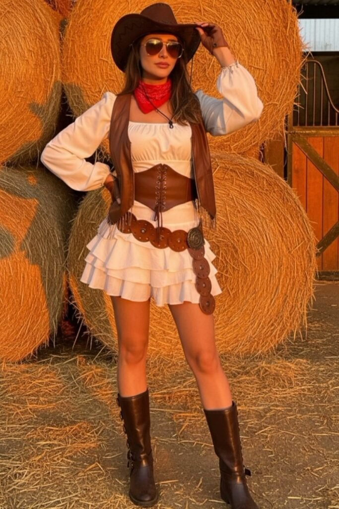 White Ruffled Mini Dress + Brown Leather Corset & Vest + Red Bandana + Dark Brown Boots