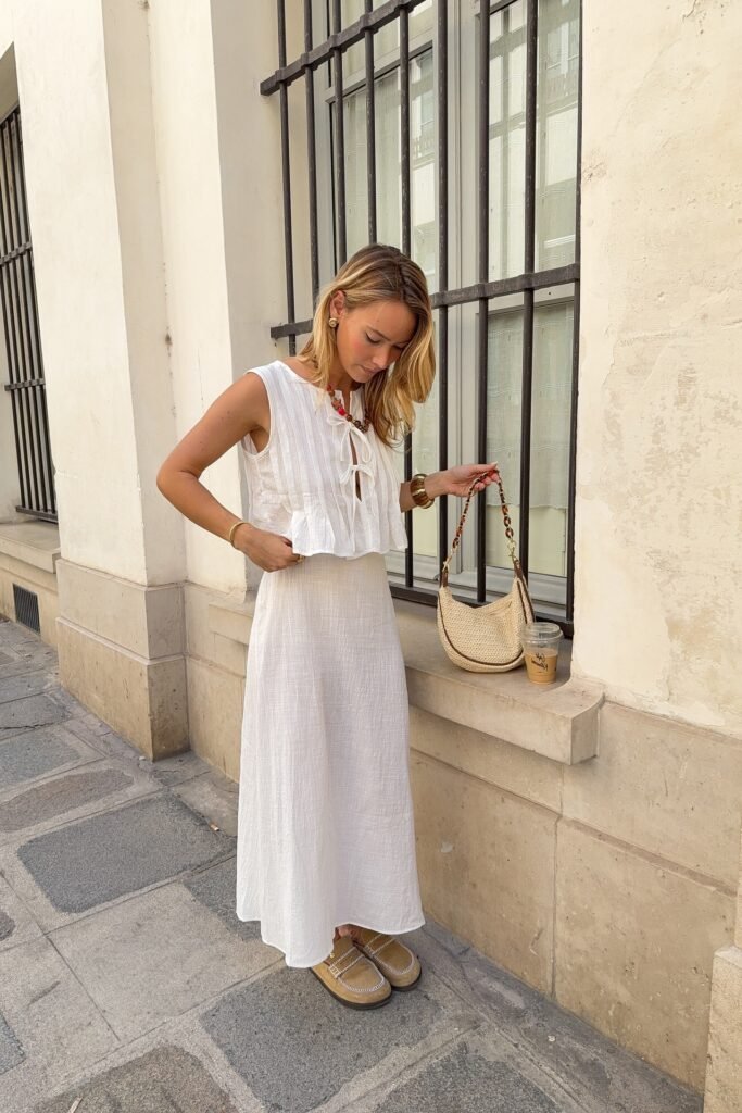 White Ruffled Sleeveless Blouse + Matching White Maxi Skirt + Beige Suede Clogs