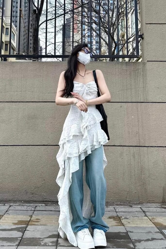 White Ruffled Tiered Maxi Dress + Wide-Leg Light Wash Jeans + Chunky White Platform Sneakers