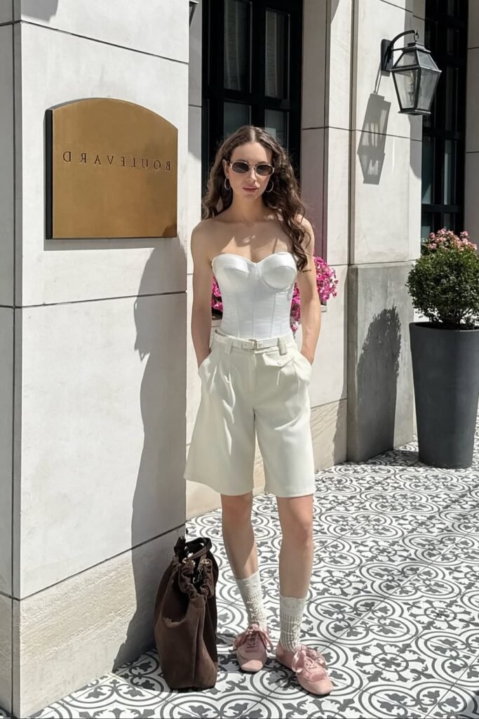 White Satin Corset + Cream Tailored Shorts + Pink Sneakers