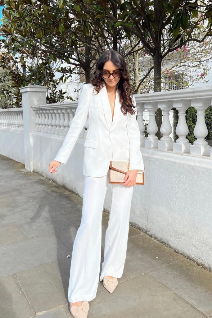 White Satin-Finish Blazer + White Wide-Leg Trousers + Beige Bow Loafers