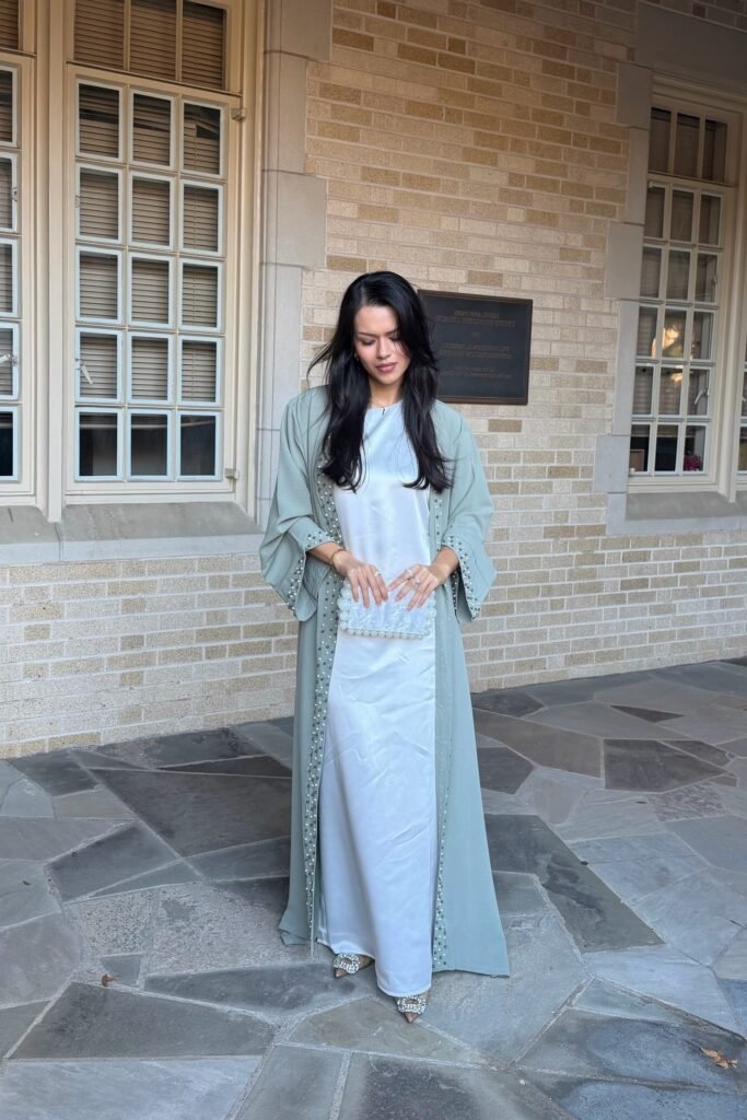 White Satin Maxi Dress + Sage Green Beaded Abaya + Pearl Embellished Clutch + Rhinestone Heels