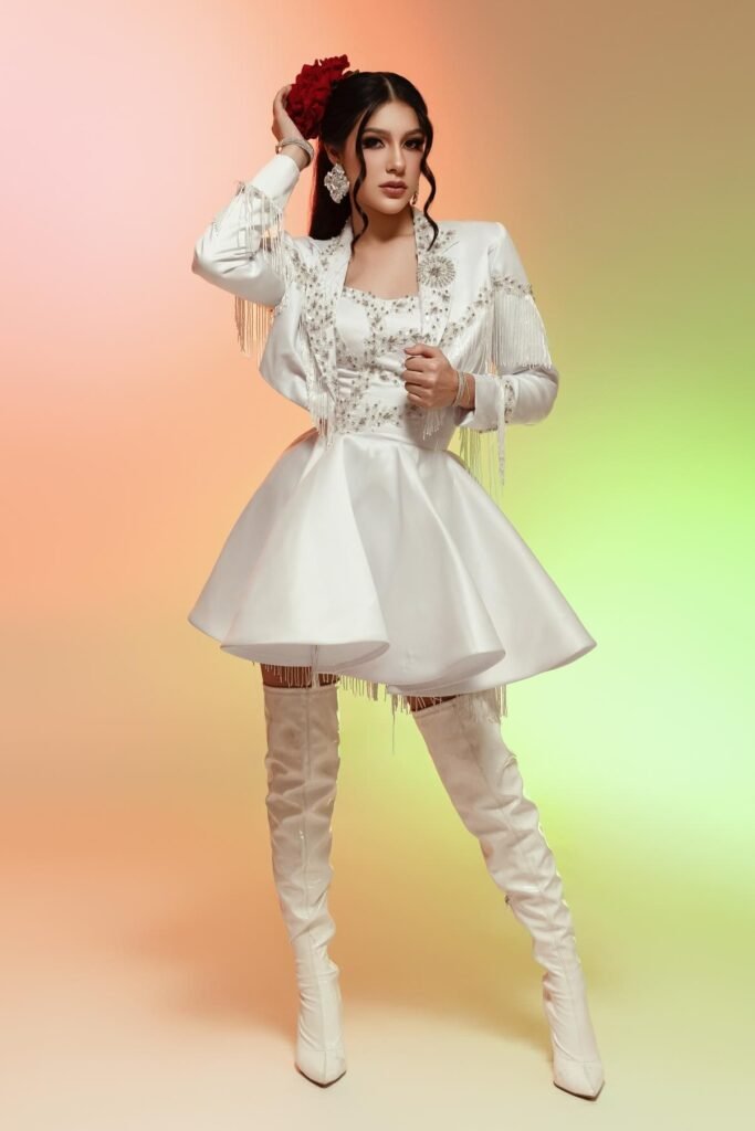 White Satin Western-Style Mini Dress with Fringe and Beading + White Thigh-High Boots