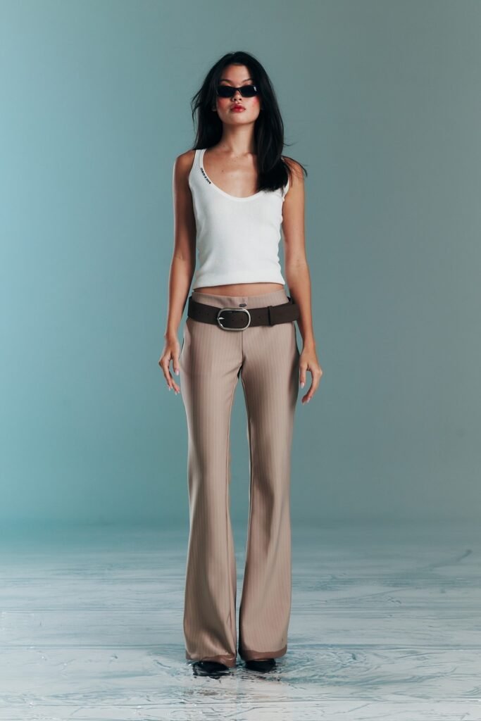 White Scoop-Neck Tank Top + Beige Pinstripe Flared Trousers + Brown Belt