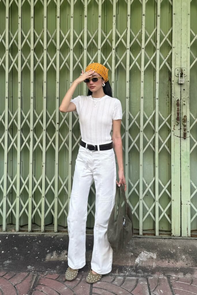 White Short-Sleeve Ribbed Tee + White Straight-Leg Cargo Jeans + Black Belt + Olive Studded Mules