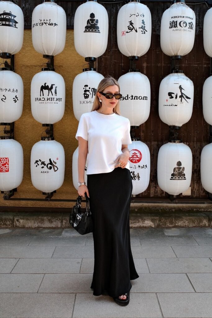 White Short-Sleeve T-Shirt + Black Satin Maxi Skirt + Black Chunky Sandals