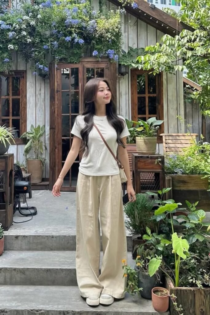 White Short-Sleeve Tee + Tan Pleated Wide-Leg Pants + White Platform Shoes