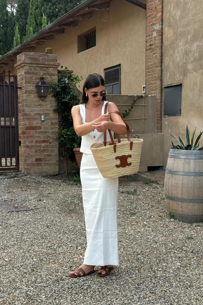 White Sleeveless Button-Up Vest + White Linen Maxi Skirt + Brown Leather Slides
