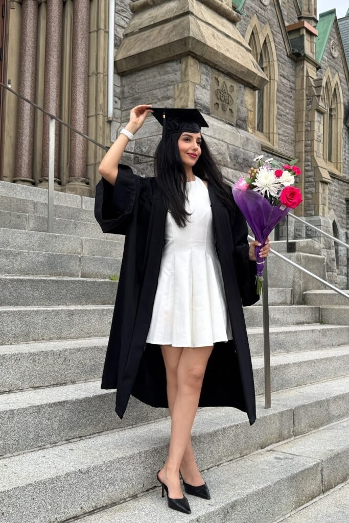 White Sleeveless Fit-and-Flare Mini Dress + Black Academic Gown + Black Pointed-Toe Mules