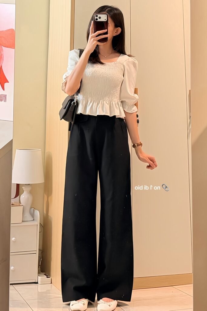 White Smocked Peplum Blouse + Black Wide-Leg Trousers + White Ballet Flats