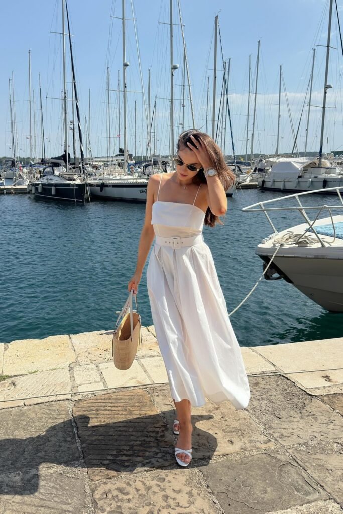 White Spaghetti Strap Midi Dress + White Waist Belt + Large Straw Tote + White Strappy Sandals