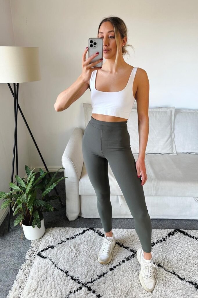 White Square-Neck Crop Top + Olive Green Leggings + White Sneakers