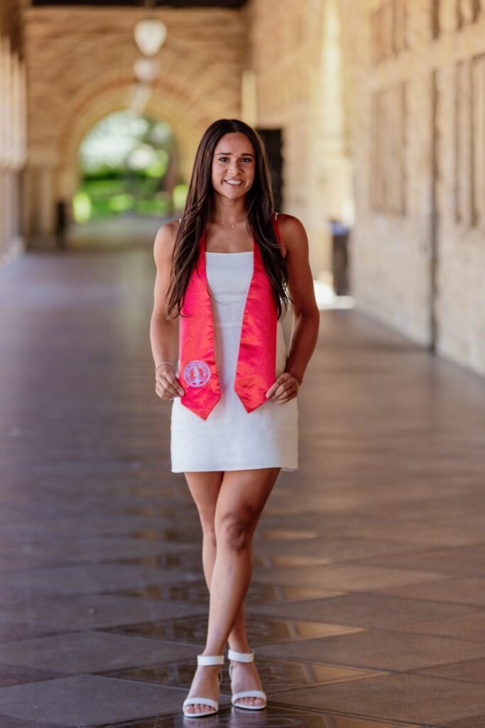 White Square-Neck Mini Dress + Red Graduation Sash + White Strappy Sandals