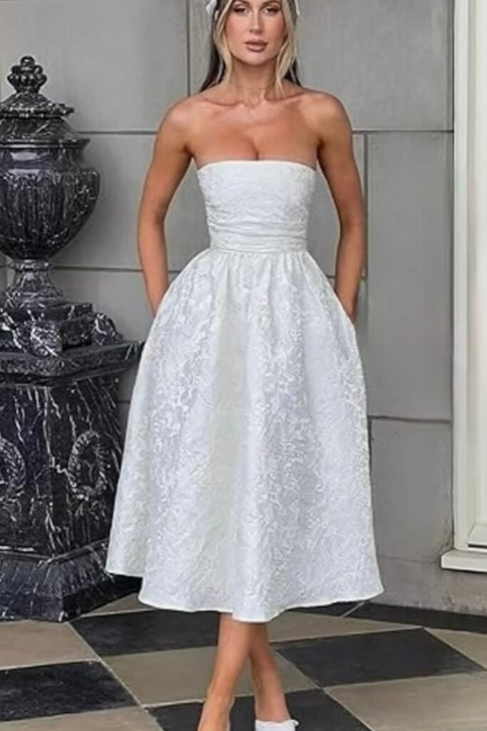 White Strapless Brocade Midi Dress + White Pointed-Toe Heels