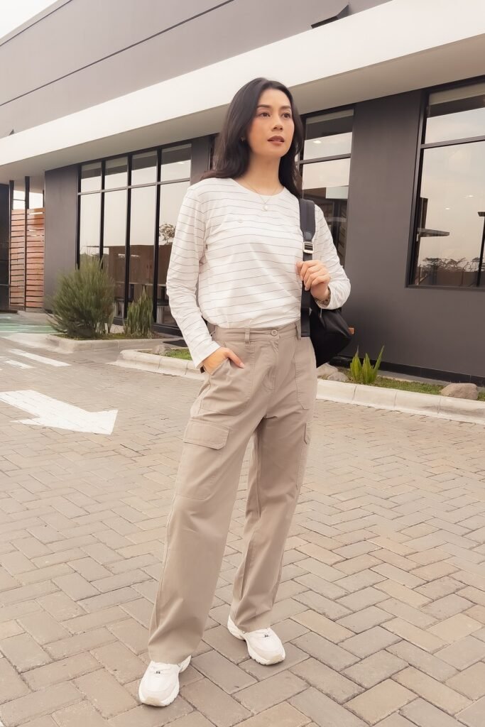 White Striped Long-Sleeve Tee + Beige Cargo Pants + White Chunky Sneakers