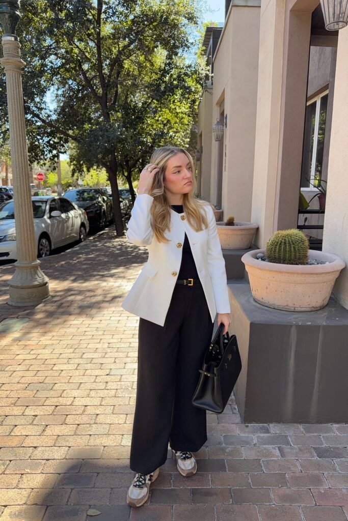 White Structured Blazer + Black Wide-Leg Trousers + Beige and White Sneakers