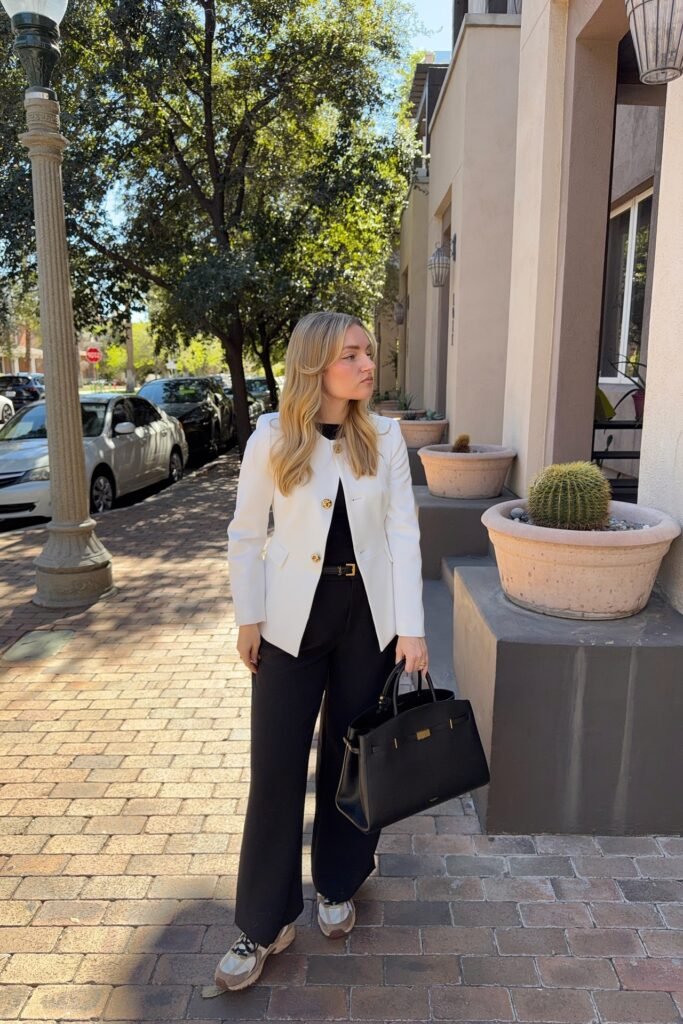 White Structured Blazer + Black Wide-Leg Trousers + Chunky Neutral Sneakers