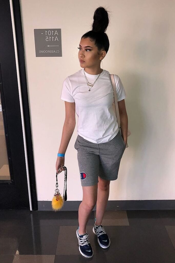 White T-Shirt + Grey Champion Shorts + Navy and White Athletic Sneakers